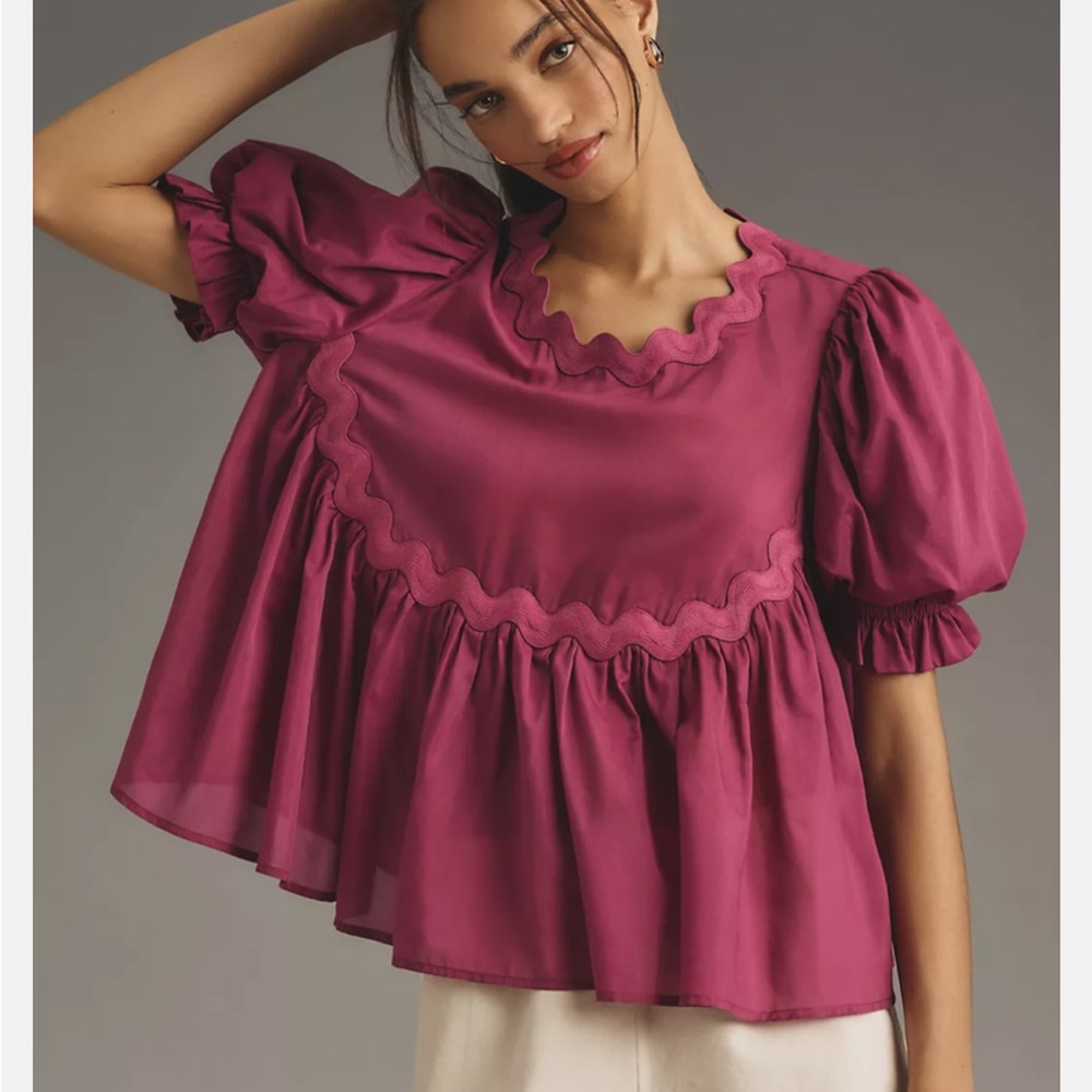 Anthropologie Mare Mare Ric Rac Babydoll Top in Raspberry Oversized Boho Puff